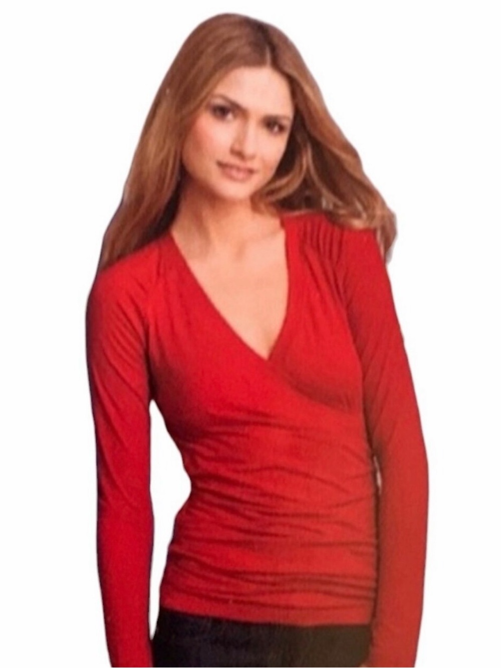 Vintage 2011 CAbi Hanky Faux Wrap Top Red Long-Sleeve V-Neck with Ruching